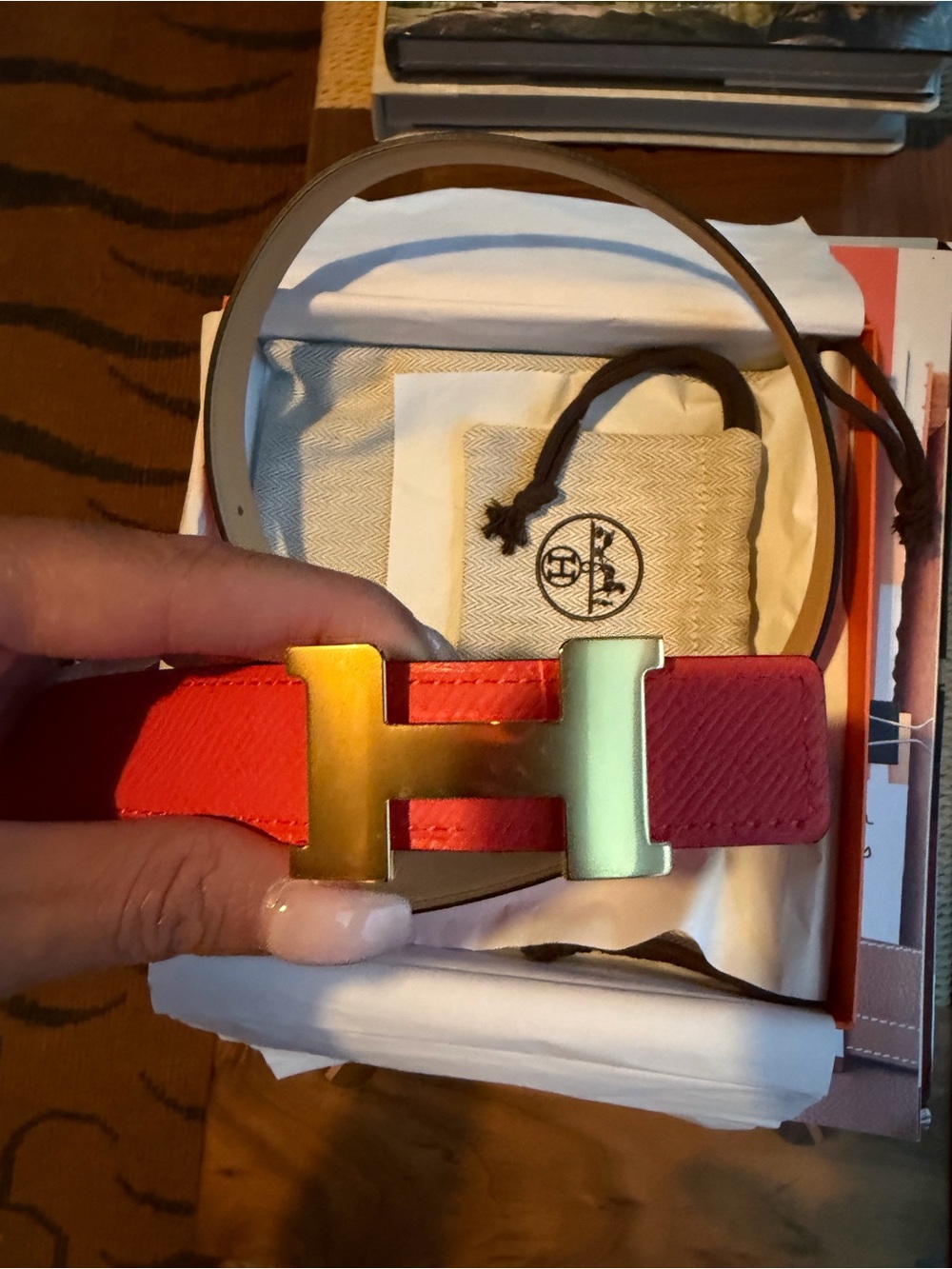 Hermes Epsom orange/pink/tan reversible Leather Belt with Gold H Buckle